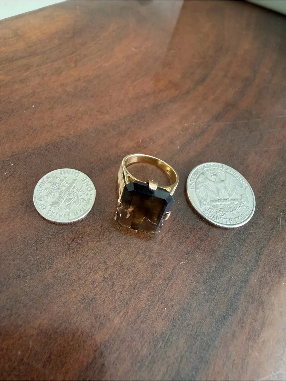 Vintage 9k Brushed Gold with Emerald-Cut Smoky Quartz Cocktail Ring